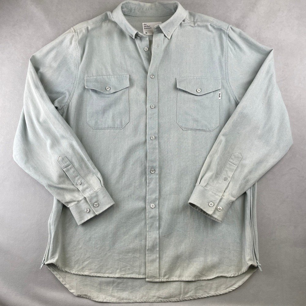 EPTM Shirt Men M Blue Light Wash Denim Distressed Faded Button Up Zippers Pocket